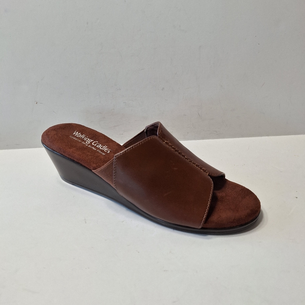 Walking Cradles Brown Leather Comfort Wide Strap Padded Insole Wedges Size 8N